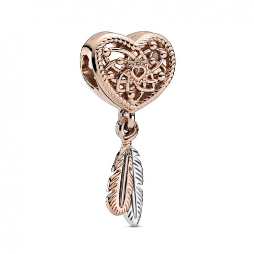 Pandora - Charm Métal doré à l'or rose fin 585/1000 Attrape-Rêves Cœur Ajouré et Duo de Plumes Pandora Passions - Charms pandora symbole