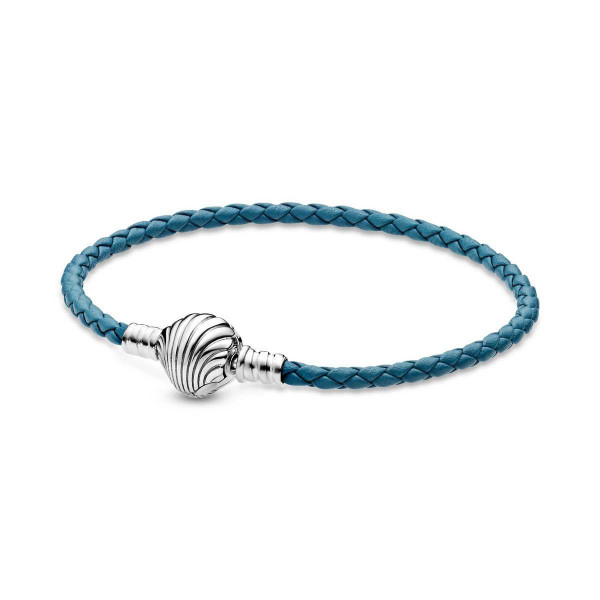 Pandora Bracelet en Cuir Tressé Turquoise Fermoir Coquillage - Pandora Moments 598951C01-S2