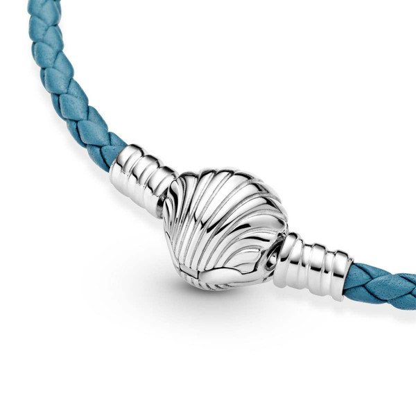 Pandora Bracelet en Cuir Tressé Turquoise Fermoir Coquillage - Pandora Moments 598951C01-S2