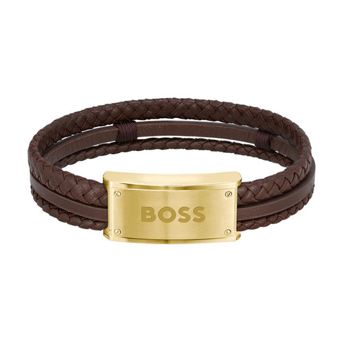 Boss Bracelet Homme Hugo Boss Bijoux Galen - 1580424 Acier, Cuir Marron, Doré 1580424