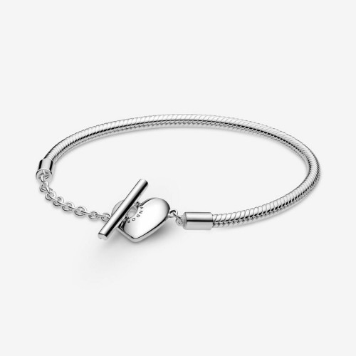 Pandora - Bracelet argent Maille Serpent fermoir en T Cœur Pandora Moments - Bijoux pandora fete des meres