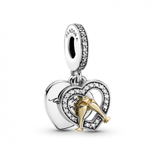 Pandora - Charm argent & Métal doré à l'or fin 585/1000 Double Pendant Joyeux Anniversaire de Mariage Bicolore Pandora People - Charms pandora symbole