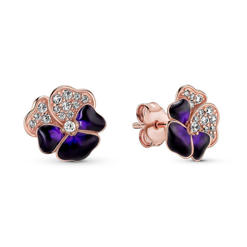 Pandora - Clous d'Oreilles rose gold Pandora Moments pétales violettes & strass - Collection printemps ete 2022