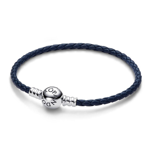 Pandora - Bracelet en Cuir Tressé Bleu Fermoir Céleste Pandora Moments - Charms pandora bleu