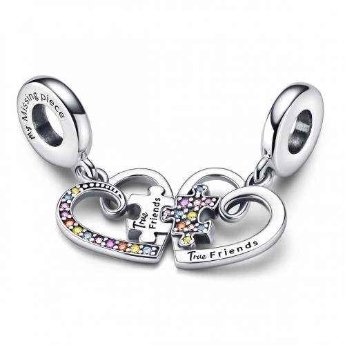 Pandora Charm Pendant Séparable Cœurs et Pièces de Puzzle de l’Amitié Multicolore Argent 925/1000 792239C01