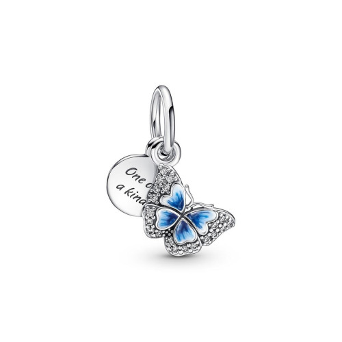 Pandora - Charm double pendant argent Pandora Moments Papillon bleu & Citation - Charms pandora bleu