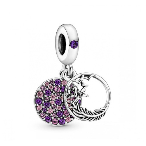 Pandora - Charm argent Double Pendant Plume Pavé - Bijoux charms violet