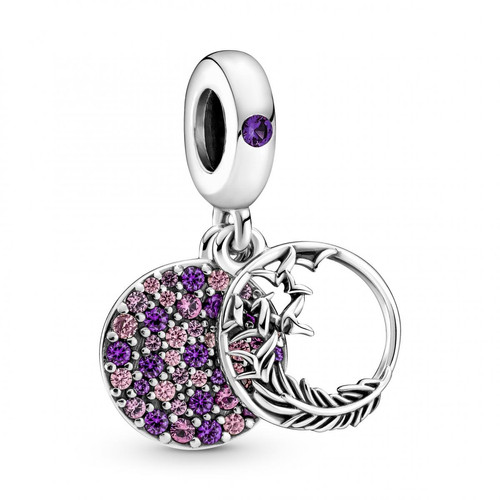 Pandora - Charm argent Double Pendant Plume Pavé - Bijoux charms violet