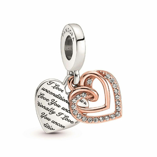 Pandora - Charm doucle pendant bicolore Pandora moments cœurs entrelacés et inscription - Charms coeur