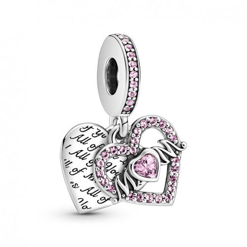 Pandora - Charm Double Pendant argent Cœur gravé & Cœur Mum cristaux rose Pandora Passions - Charms pandora famille