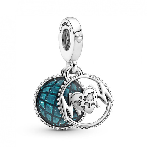 Pandora - Charm Double Pendant argent Globe bleu & Mum Pandora People - Charms croix