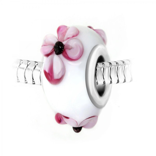 So Charm Bijoux - Charm perle blanc fleurs roses verre décoré main et acier - Bijoux charms rose